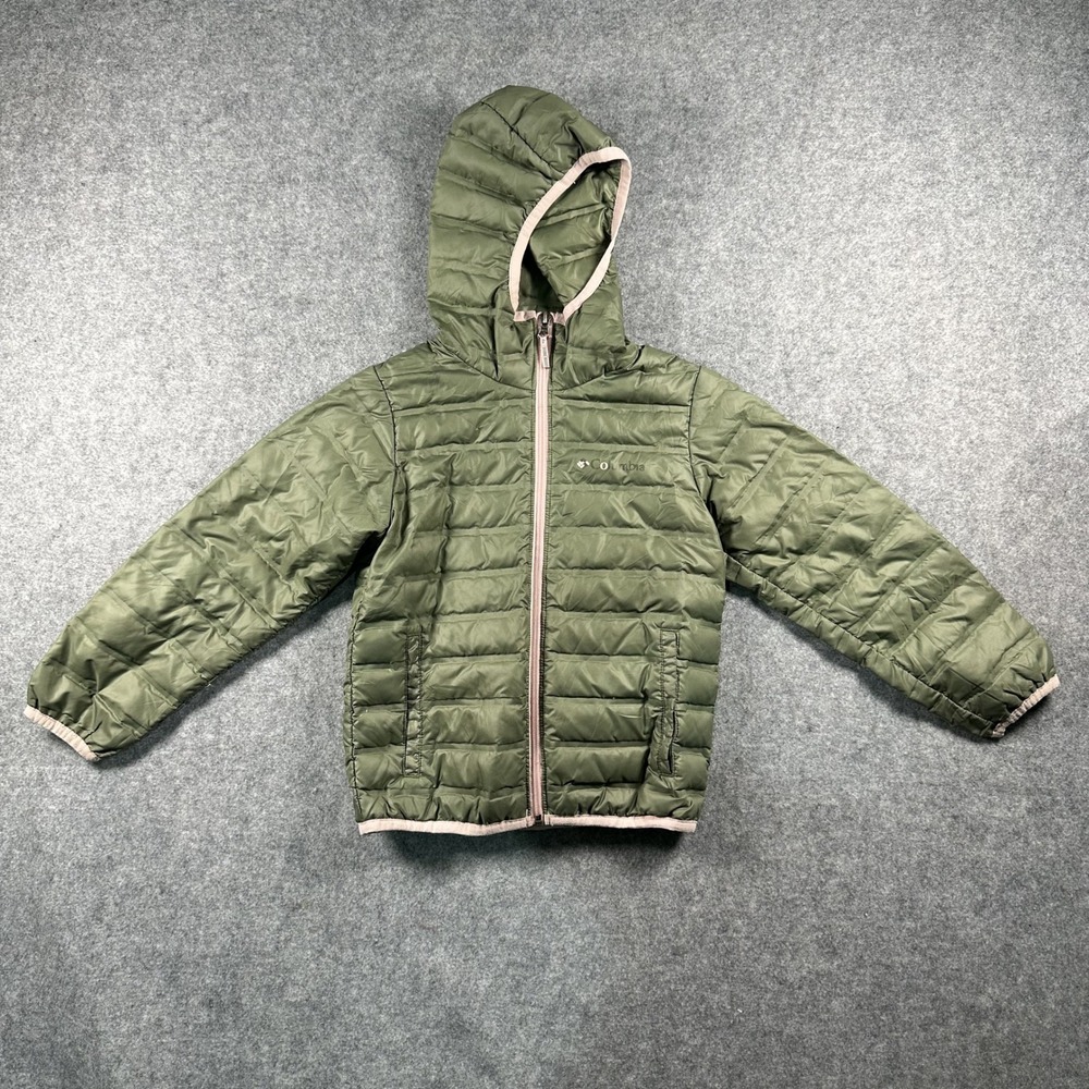 Columbia Puffer Jacket XS Olive Green Pink Trim‎ Insulated Hooded